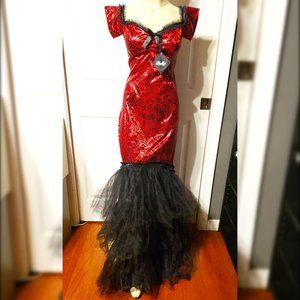 Lip Service Gothic Formal Red & Black Lace-up Leopard Mermaid Dress w/Tulle, M